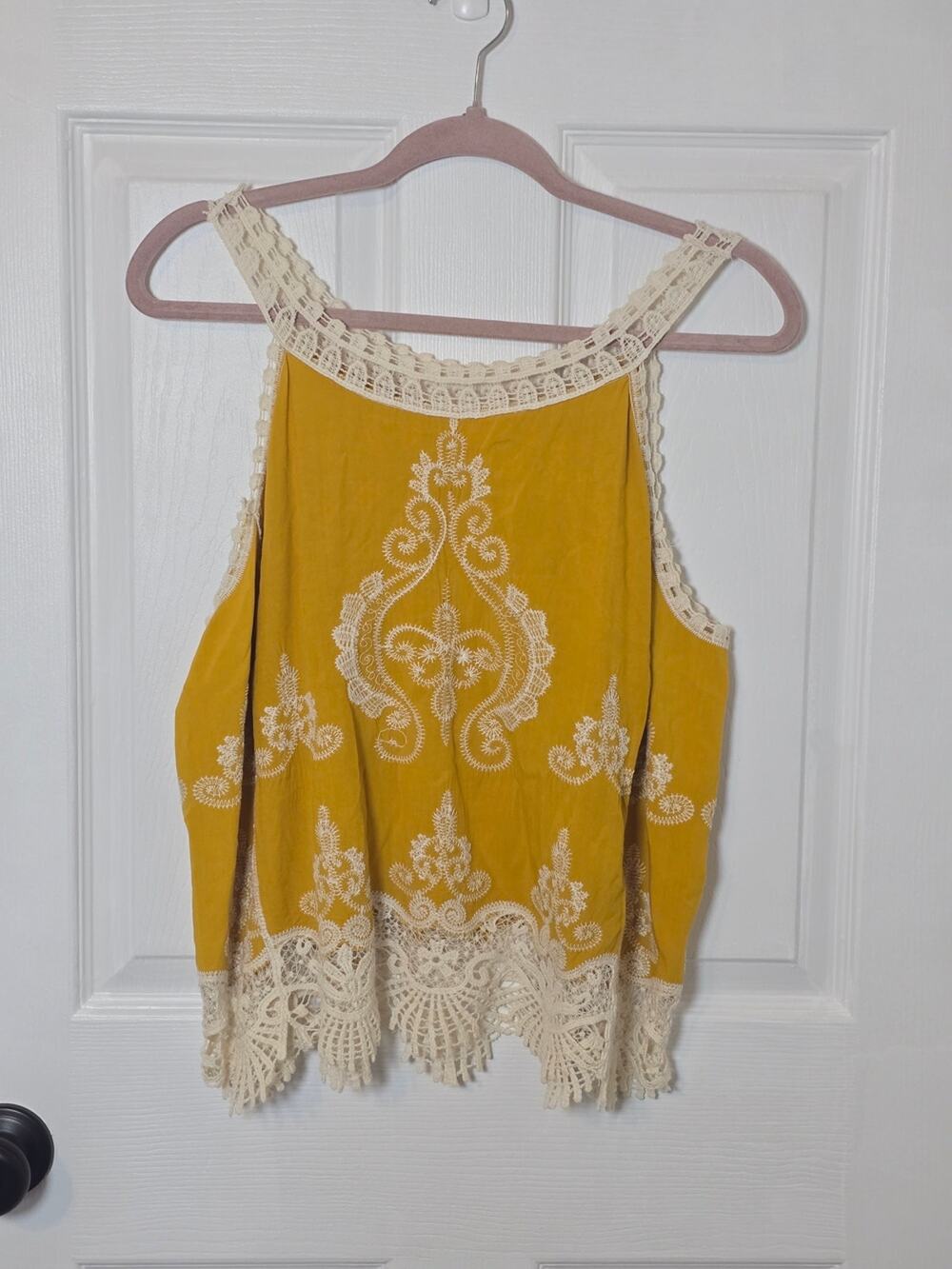 Ultra Pink Mustard Yellow Crochet Lace Trim Boho Camisole Top Large